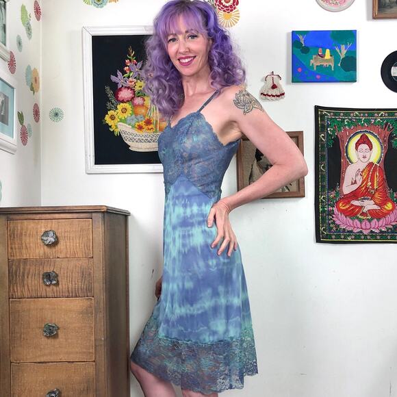 Vintage Hand Dyed Slip Dress, 1960s Vanity Fair Green & Blue Galaxy Mist Sz XS - Picture 4 of 10